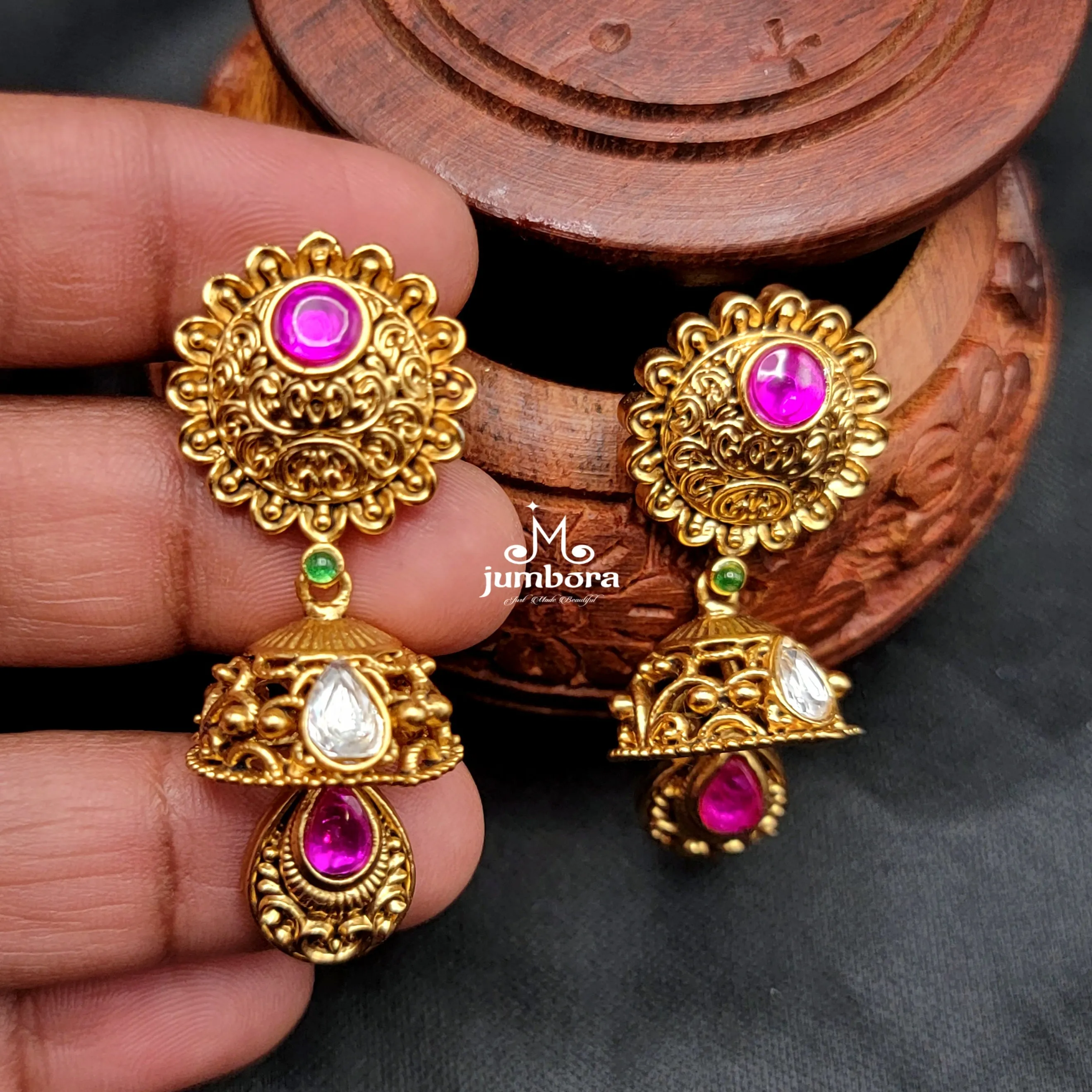 Rajwadi Paachi Kundan Pearl & Red Green Hydro beads Mala set
