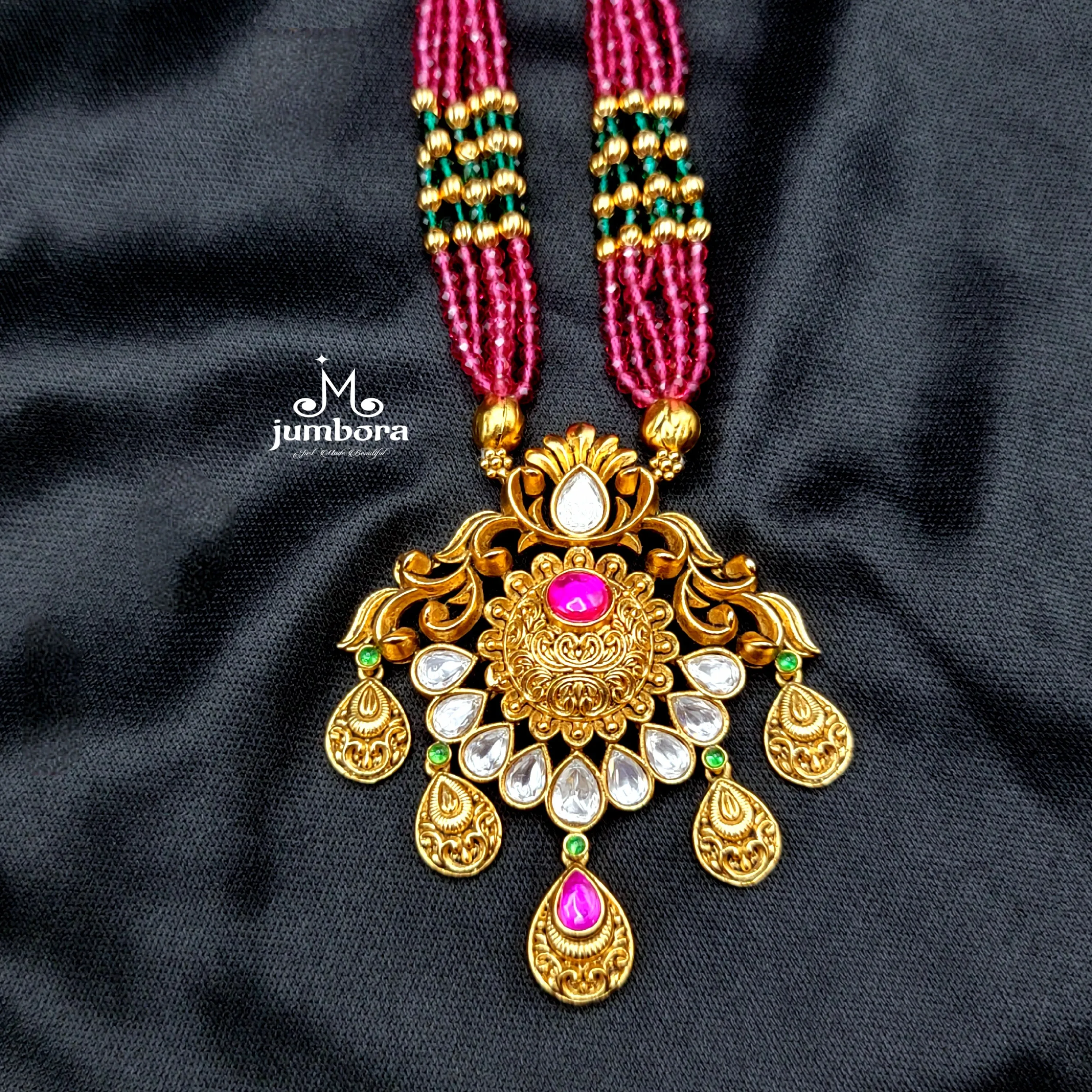 Rajwadi Paachi Kundan Pearl & Red Green Hydro beads Mala set