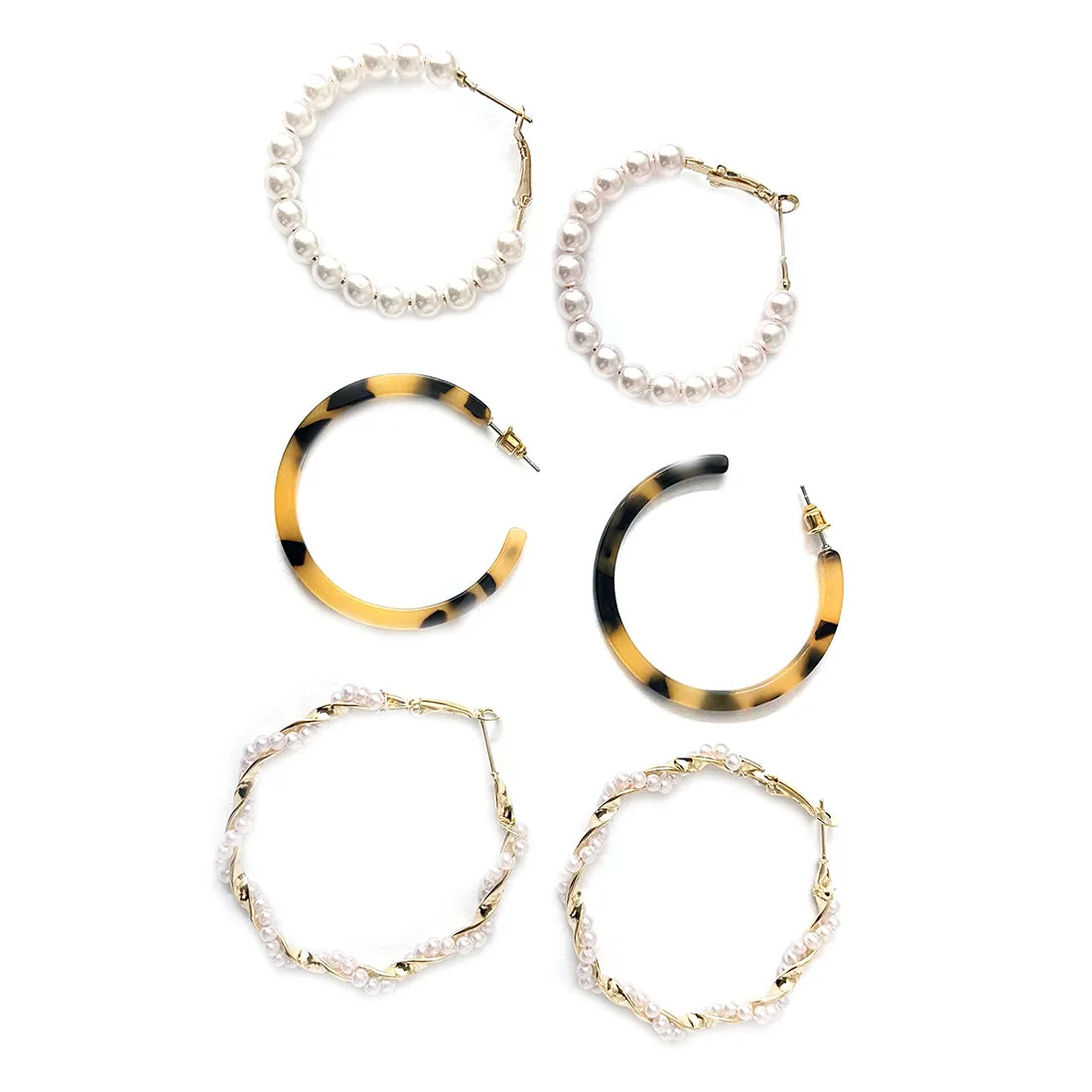 SET OF 6 GOLD-TONED, PEARL, ANIMAL TORTOISE SHELL PRINT STUD & HOOP EARRINGS