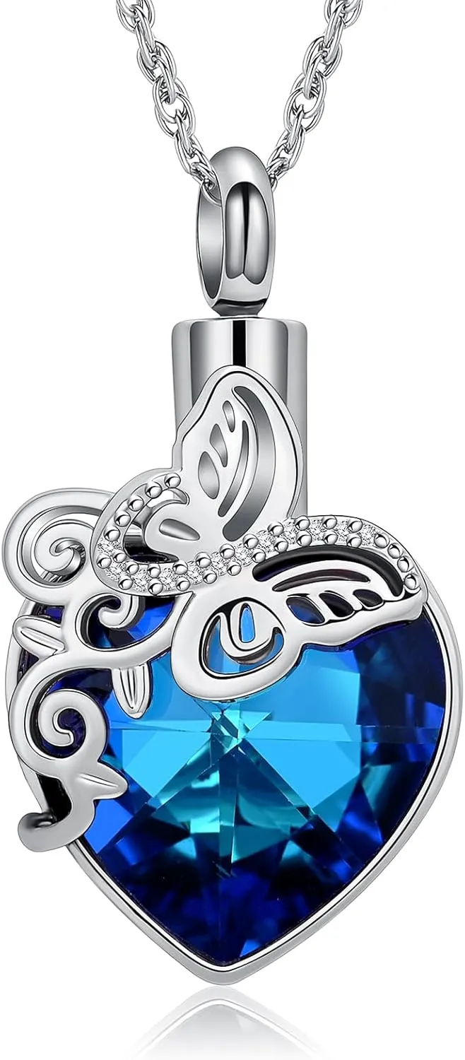 shajwo Butterfly Heart Cremation Jewelry Urn Necklaces for Ashes for Women Men Memorial Human Ashes Pendant