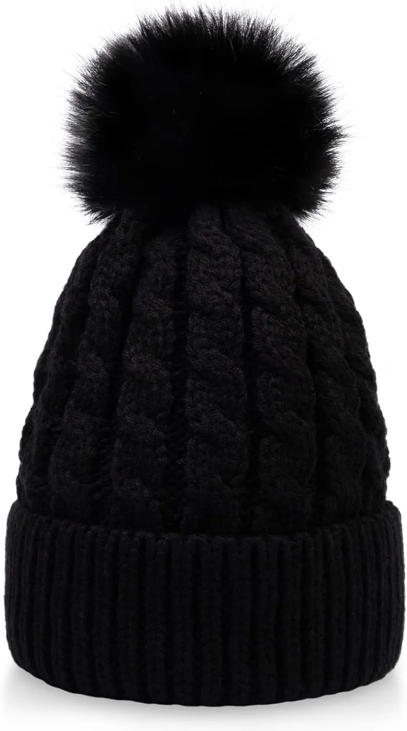 Simplicity Womens Winter Beanies Hand Knit Faux Fur Pompoms Beanie Hats