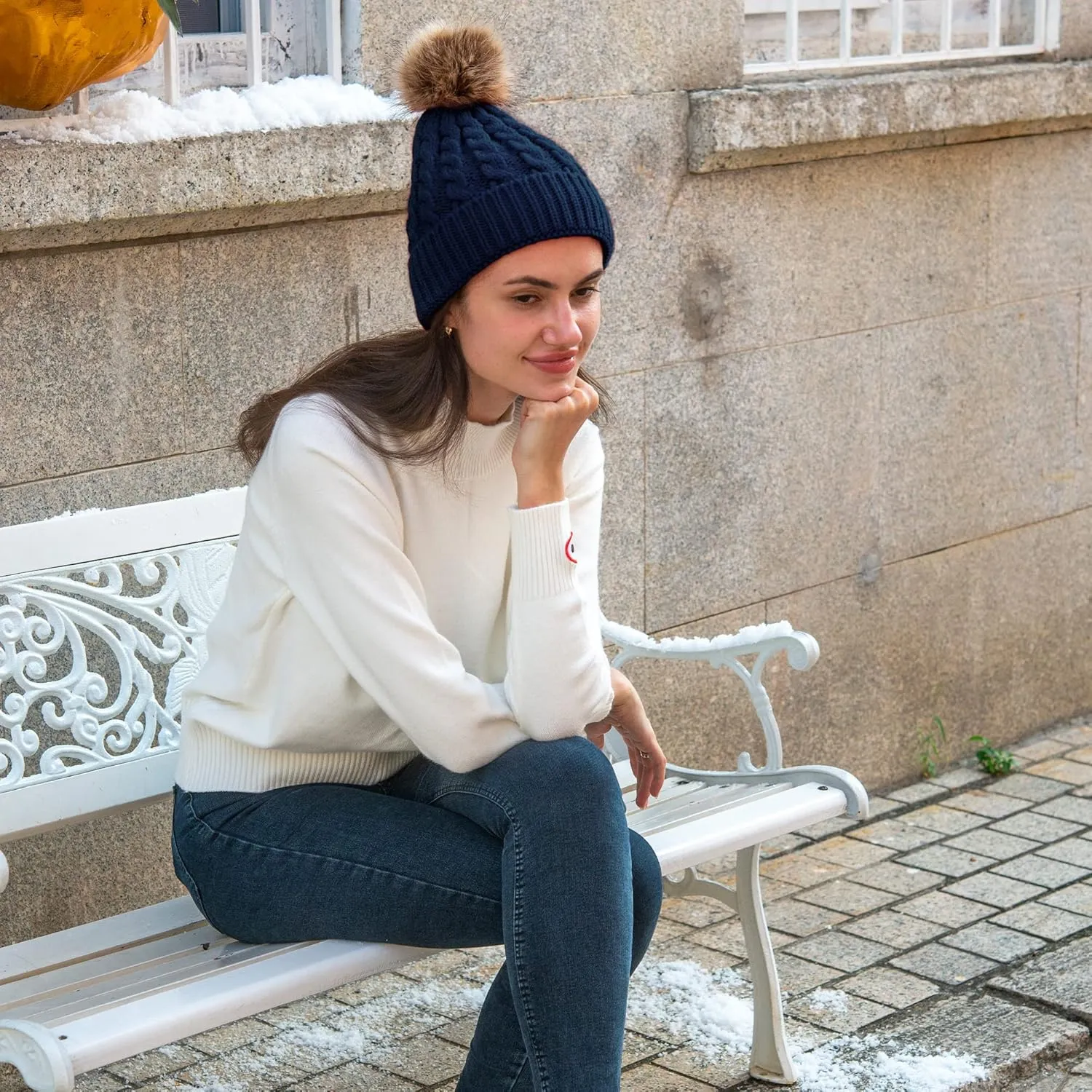 Simplicity Womens Winter Beanies Hand Knit Faux Fur Pompoms Beanie Hats