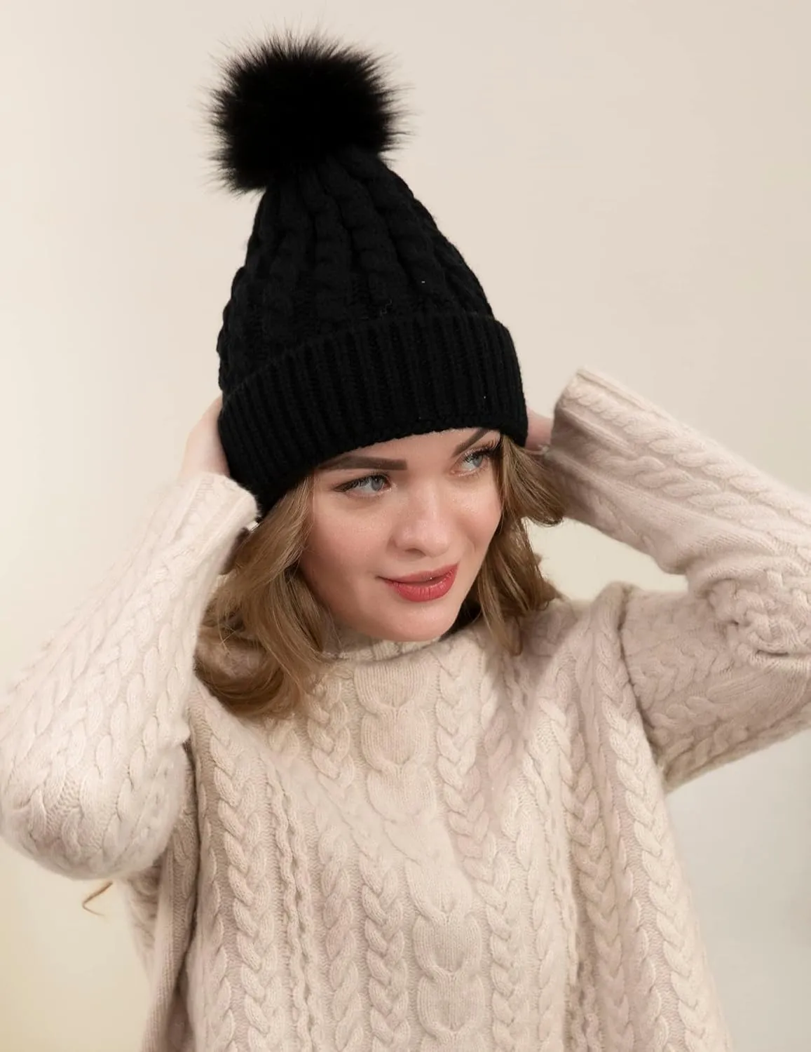 Simplicity Womens Winter Beanies Hand Knit Faux Fur Pompoms Beanie Hats