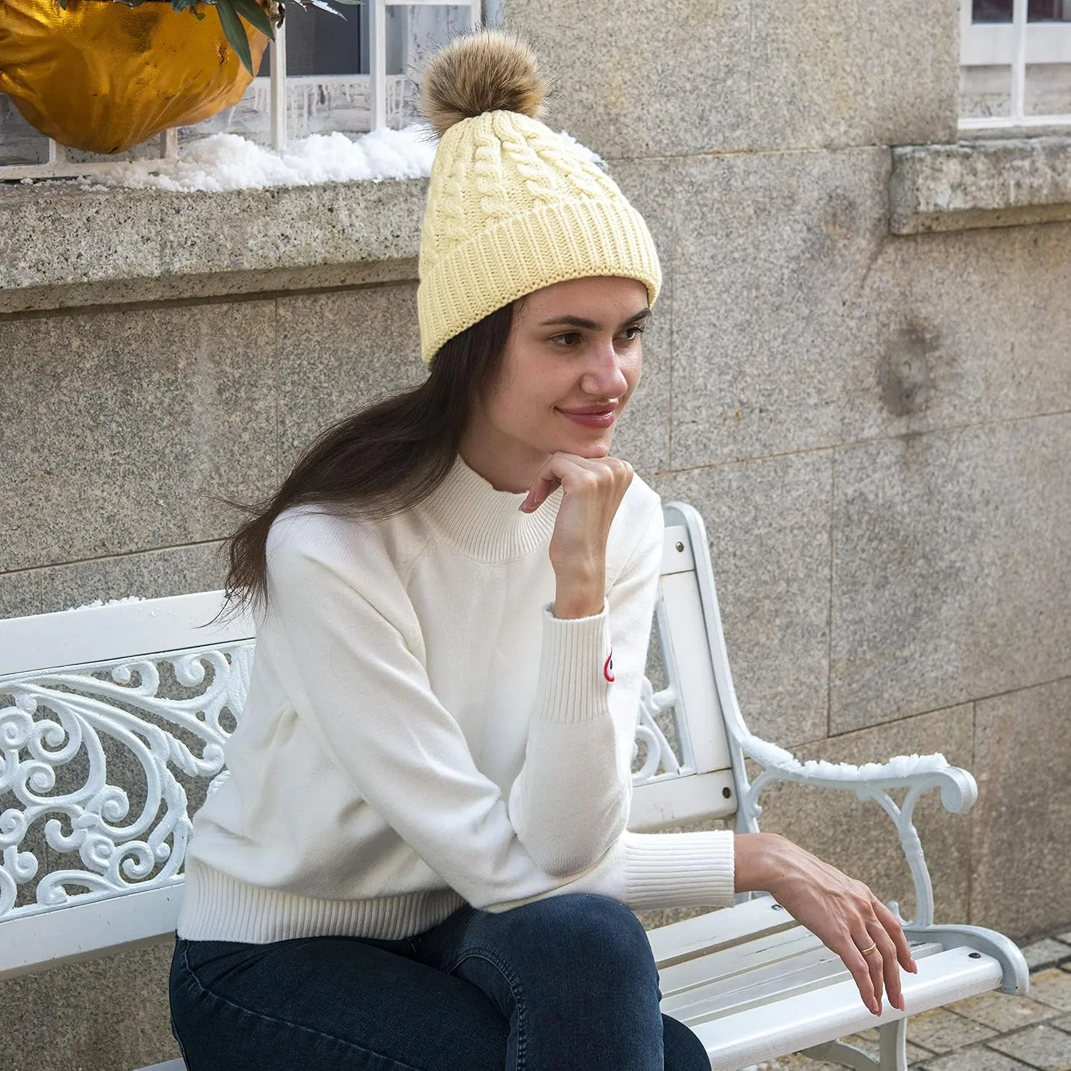 Simplicity Womens Winter Beanies Hand Knit Faux Fur Pompoms Beanie Hats