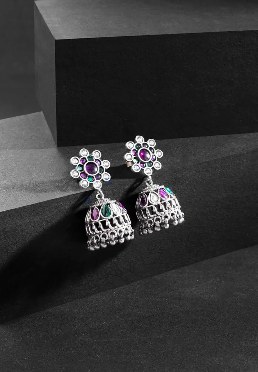Stone studded Floral Details Jadau Jhumka Earrings