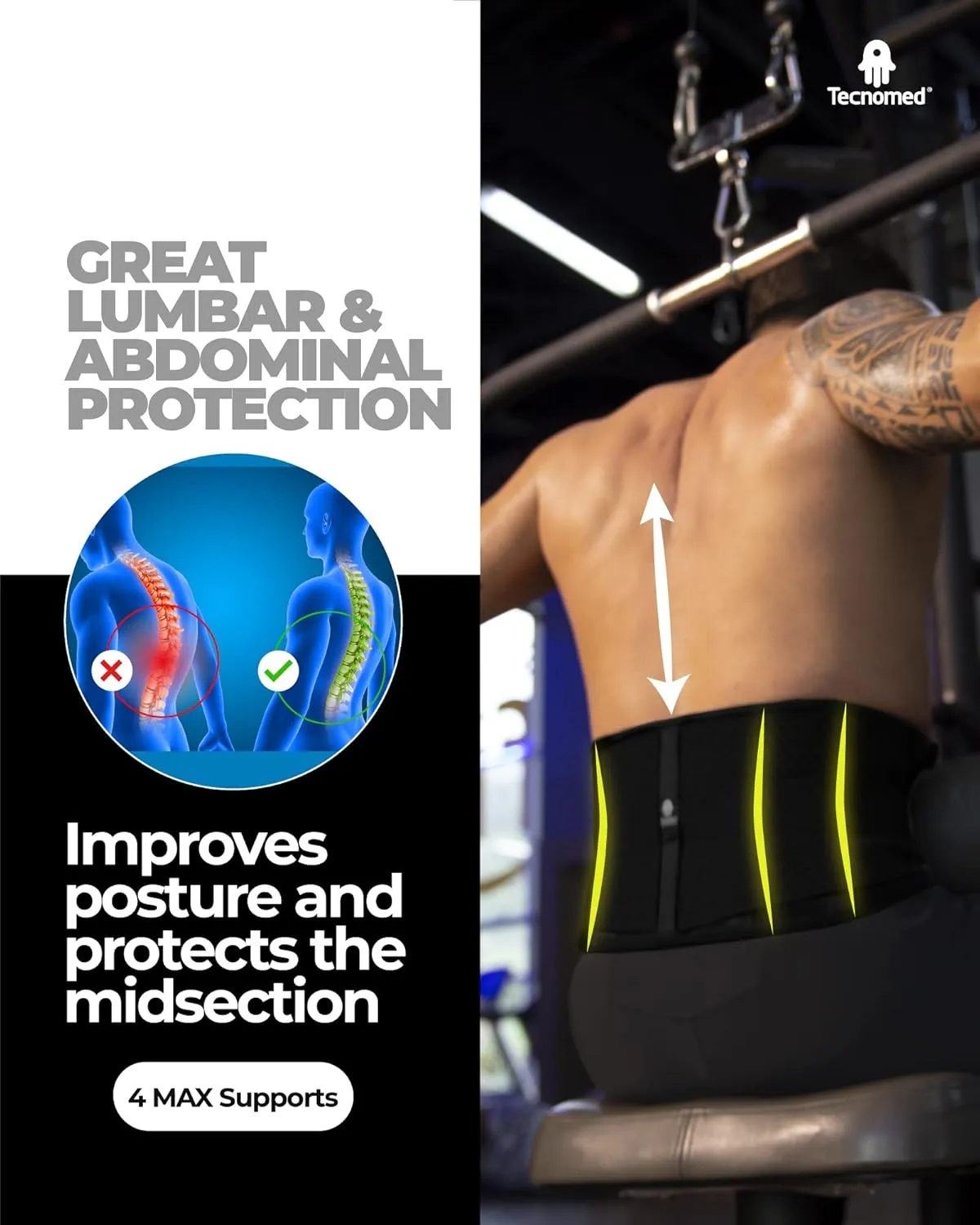 Tecnomed Back Support Belt for Men and Women - Waist Lumbar Support Lower Back Brace for Sciatica, Herniated Disc, Scoliosis Lower Back Pain Relief