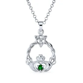 Traditional Irish Kelly Green CZ Celtic Love Knot Claddagh Pendant Necklace Silver
