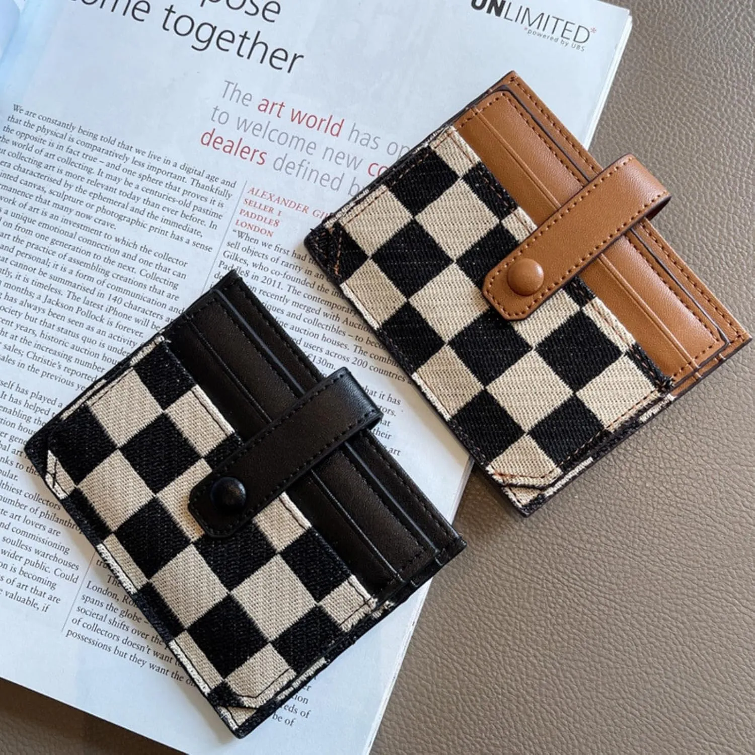 TURBOOST Cute Slim Card Holder Canvas Front Pocket Checkered Wallet, Small Credit Card Case for Women (Black)