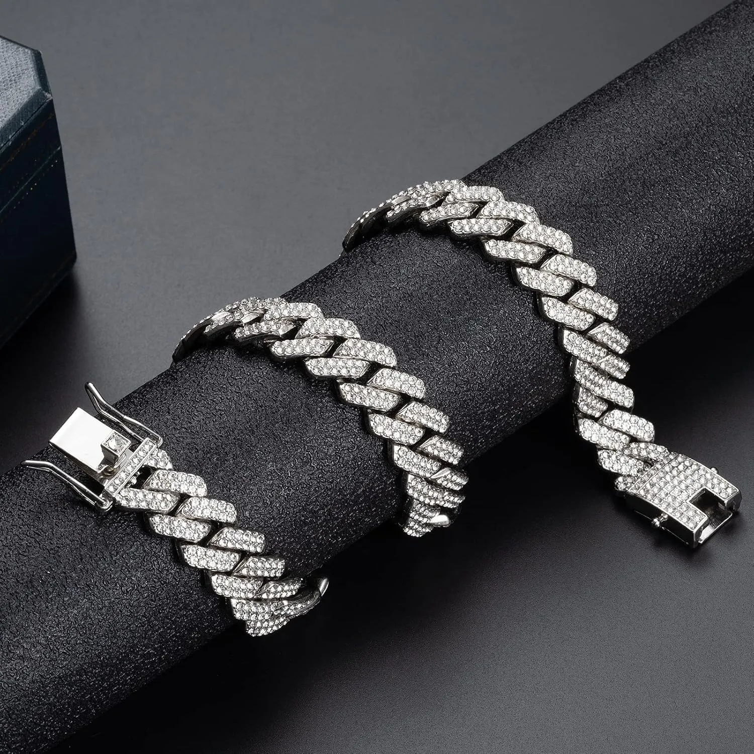 UILZ 2Pcs Cuban Link Bracelet Set for Men Iced Out Miami Cuban Necklace and Bracelet Hip Hop Full CZ Clasp Chain Gift for Him