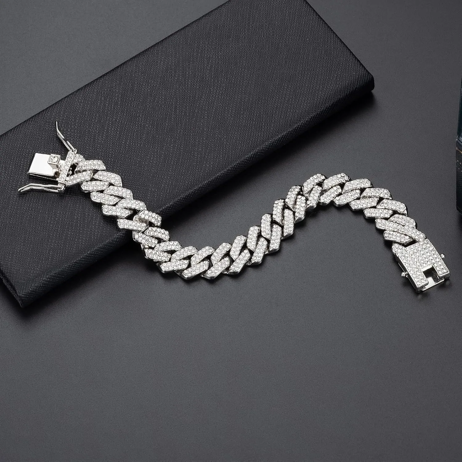 UILZ 2Pcs Cuban Link Bracelet Set for Men Iced Out Miami Cuban Necklace and Bracelet Hip Hop Full CZ Clasp Chain Gift for Him