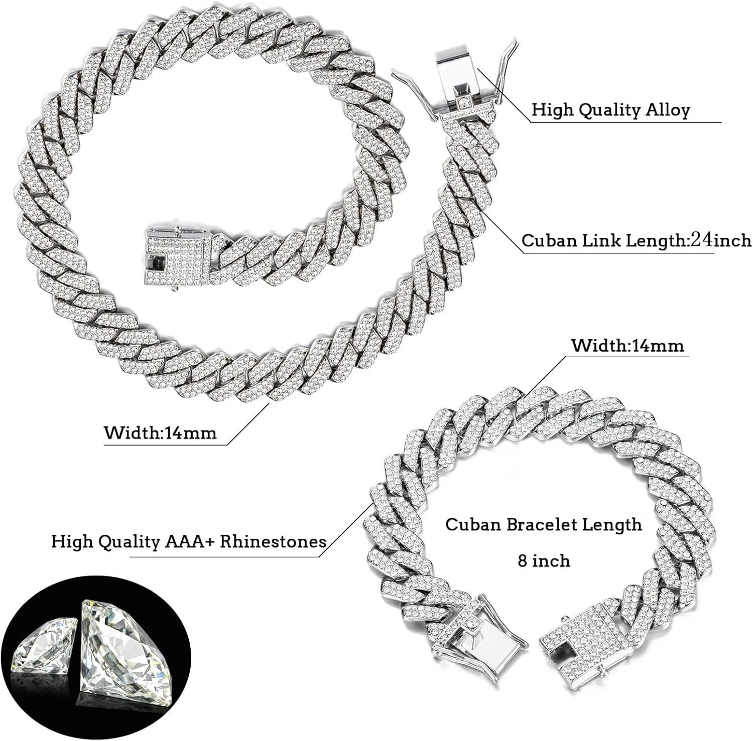 UILZ 2Pcs Cuban Link Bracelet Set for Men Iced Out Miami Cuban Necklace and Bracelet Hip Hop Full CZ Clasp Chain Gift for Him