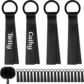VAIPI 24 Pcs Cheerleader Pom Poms Tags Cheerleading Name Tags Gear Tags Blank Ribbon Name Labels for Travel Suitcases Backpack Keychains (Black)