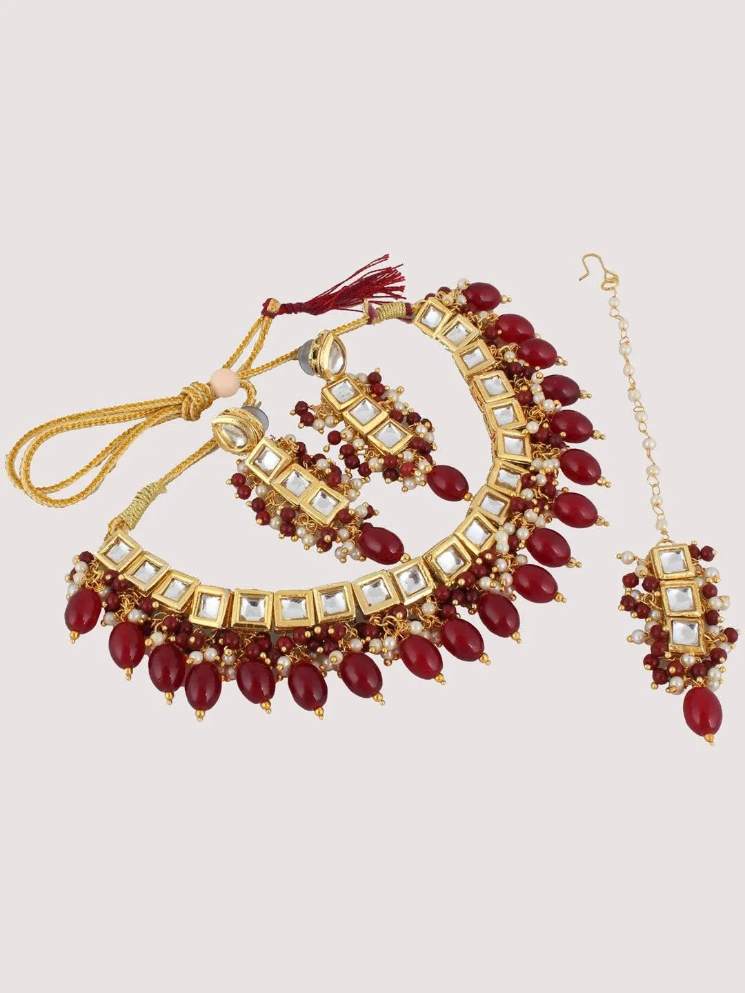 White & Maroon Gold-Plated Kundan-Studded & Beaded Jewellery Set