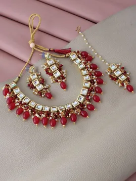 White & Maroon Gold-Plated Kundan-Studded & Beaded Jewellery Set