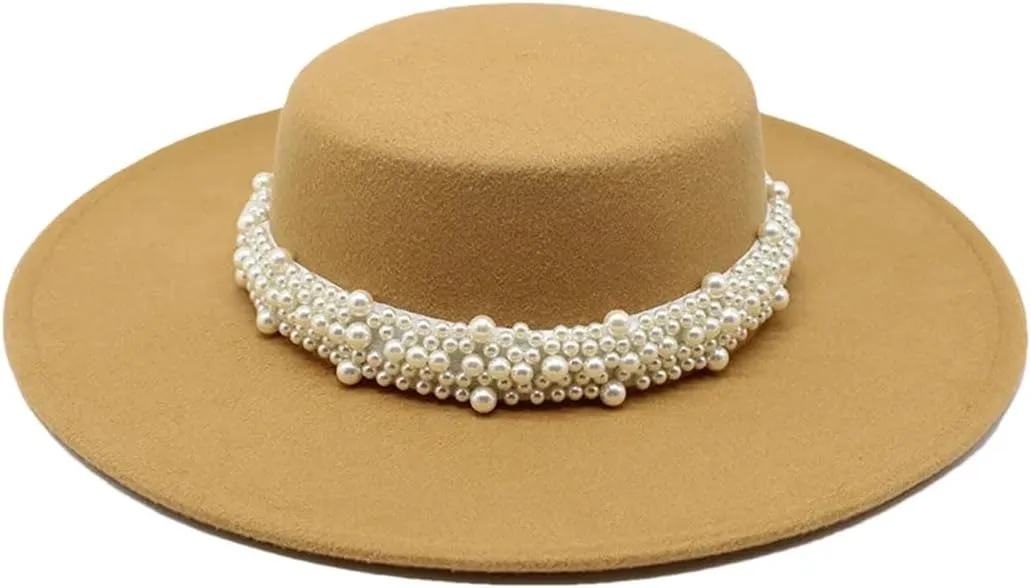 Women Fedora Hat Flat Top Jazz Caps 10CM Wide Brim Decoration Hat