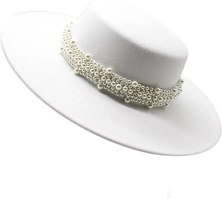 Women Fedora Hat Flat Top Jazz Caps 10CM Wide Brim Decoration Hat