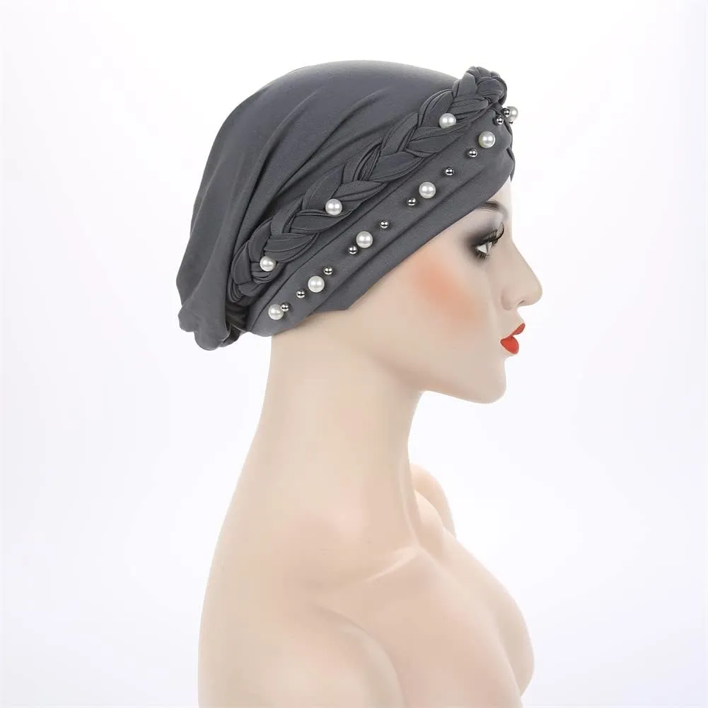 Women Pearl Beaded Braid Hijab Turban Hat Twisted Cancer Headscarf Chemo Beanies Bandana Headwrap Cap