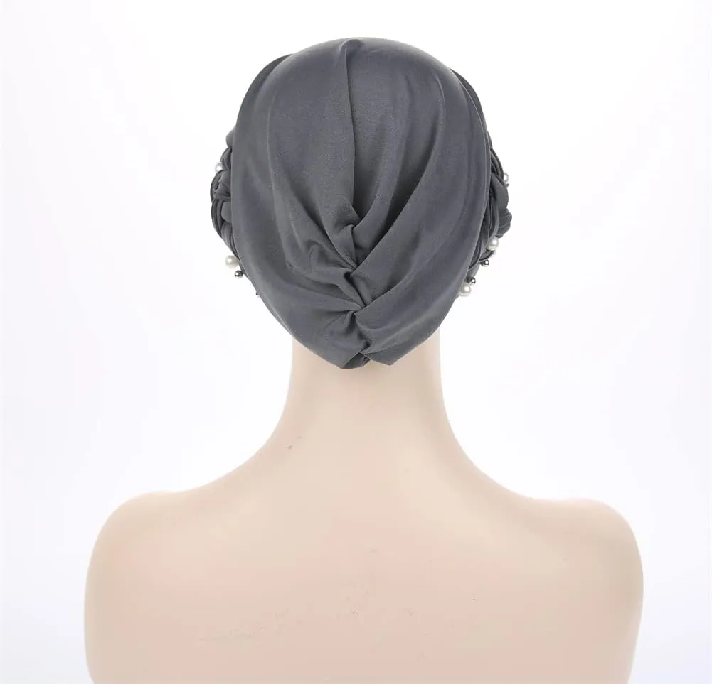 Women Pearl Beaded Braid Hijab Turban Hat Twisted Cancer Headscarf Chemo Beanies Bandana Headwrap Cap