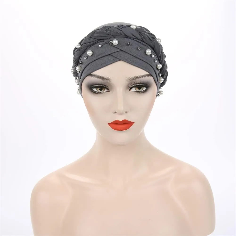 Women Pearl Beaded Braid Hijab Turban Hat Twisted Cancer Headscarf Chemo Beanies Bandana Headwrap Cap