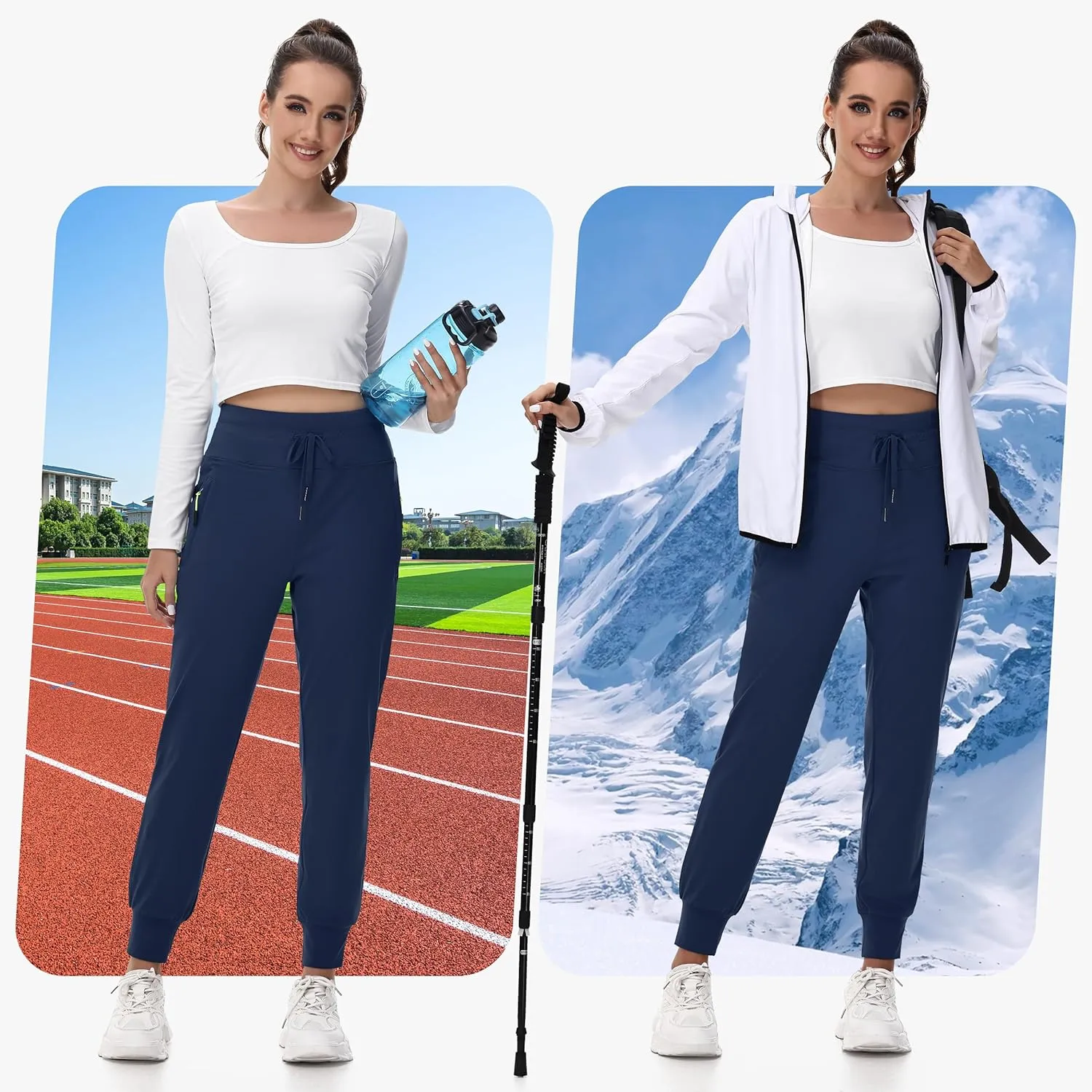 Women's Fleece Lined Joggers Hiking Water-Resistant Sweatpants with Zip Pockets Winter Thermal Running Ski Golf Pants