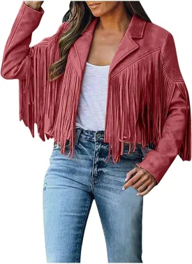 Women's Leather Jacket Faux Suede Fringe Jacket Long Sleeve Lapel Vintage Coats Open Front Tassel Cardigan