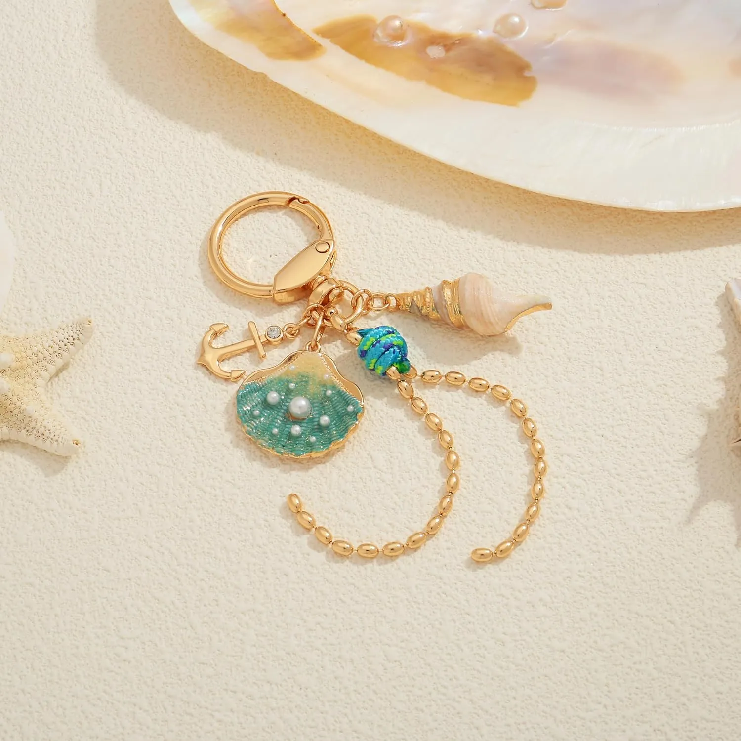 WOWORAMA Sea Shell Charm Keychain for Women Blue Heart Starfish Seashell Bag Charms Ocean Sea Marine Purse Charms Keyring