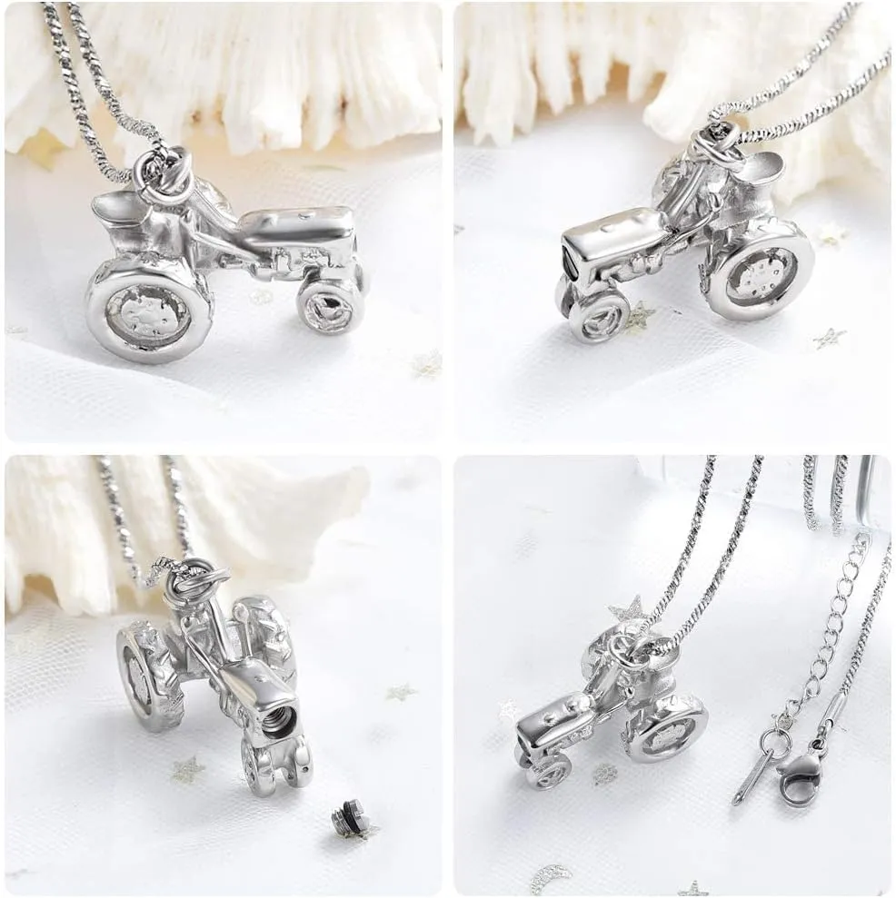 Yinplsmemory Cremation Jewelry Tractor Urn Necklace for Ashes for Men Stainless Steel Tractor Charm Urn Locket Memorial Keepsake Ashes Jewelry