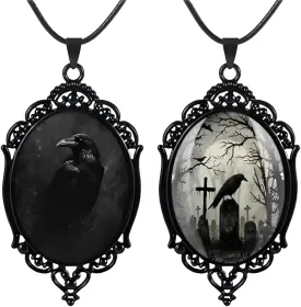 YWMAN 2pcs Raven Cross Cameo Pendant Necklace - Vintage Gothic Rope Chain Crow Choker - Mystic Witch Jewelry Gift Accessories for Men Women