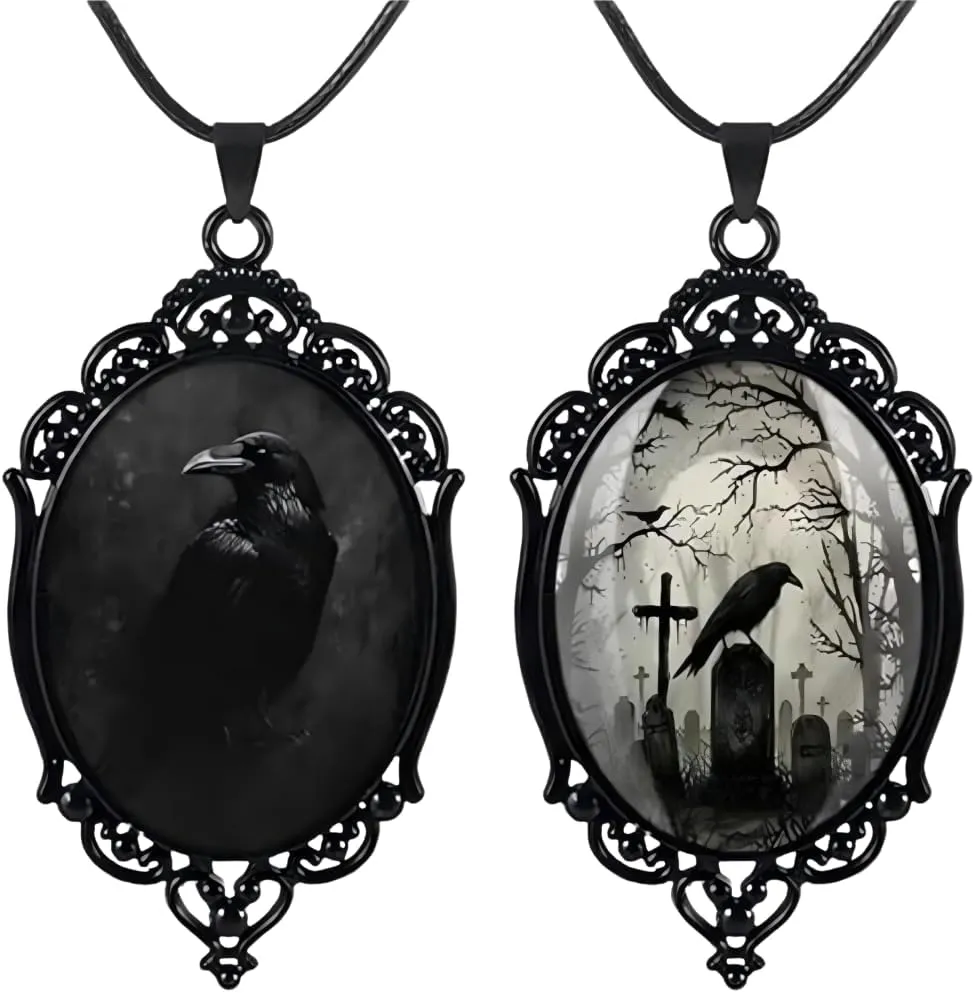 YWMAN 2pcs Raven Cross Cameo Pendant Necklace - Vintage Gothic Rope Chain Crow Choker - Mystic Witch Jewelry Gift Accessories for Men Women