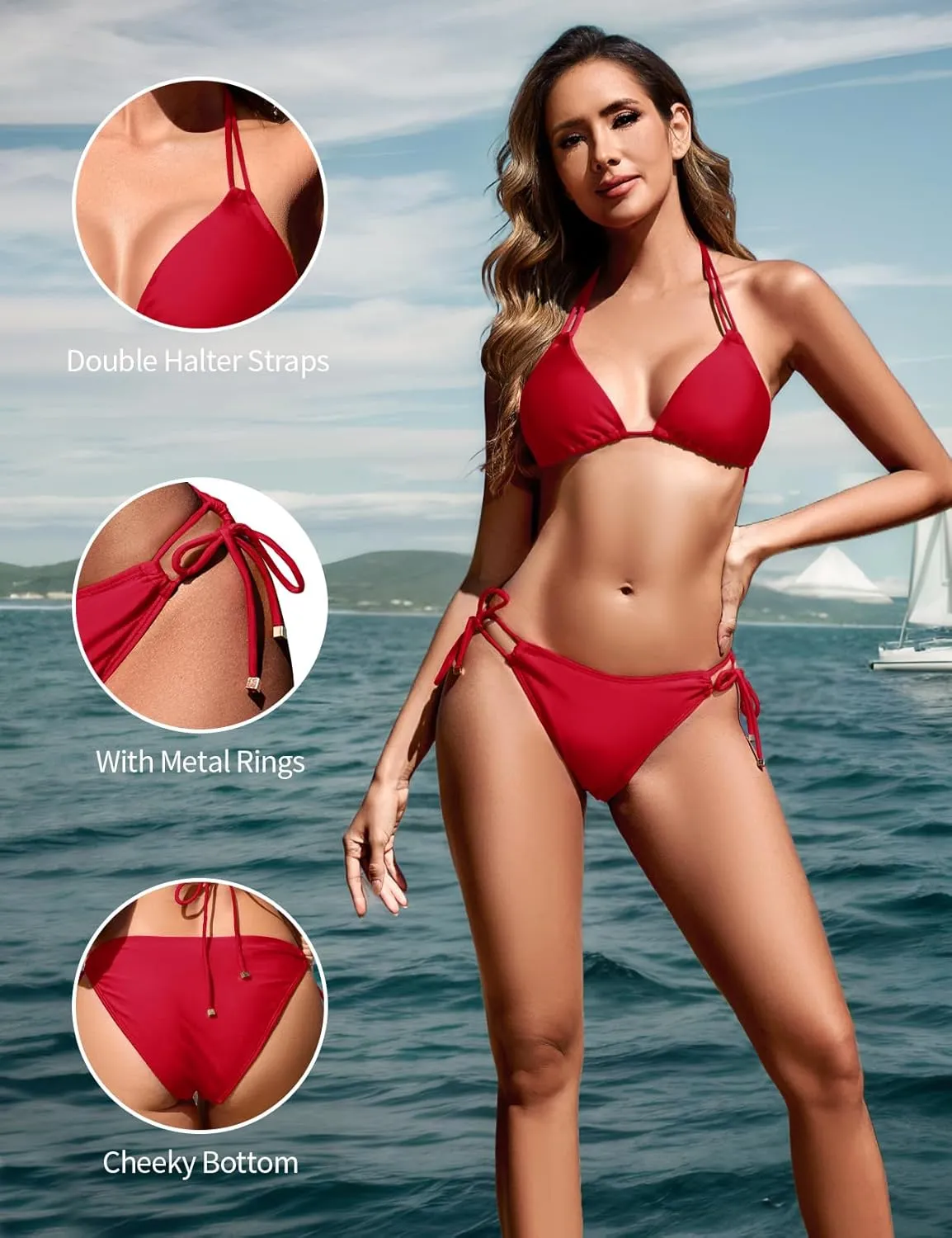 Zilcremo Women Two Piece Bikini Swimsuit Double Strap Cheeky Bathing Suit Halter String Bikini Sets